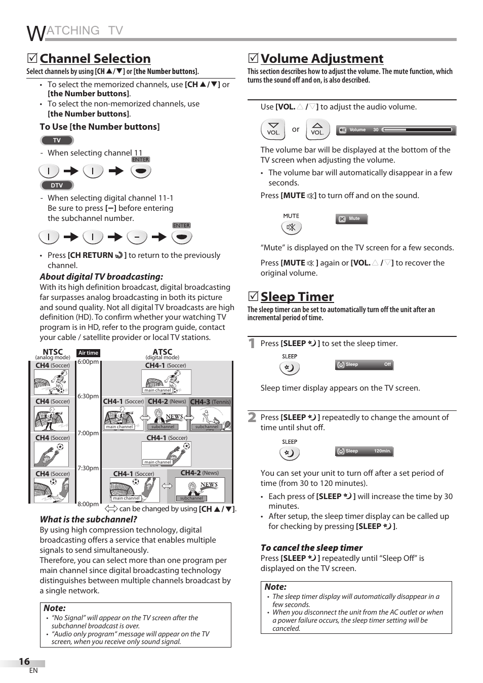 Atching tv, Channel selection, Volume adjustment | Sleep timer | FUNAI Emerson LD195EMX User Manual | Page 16 / 162