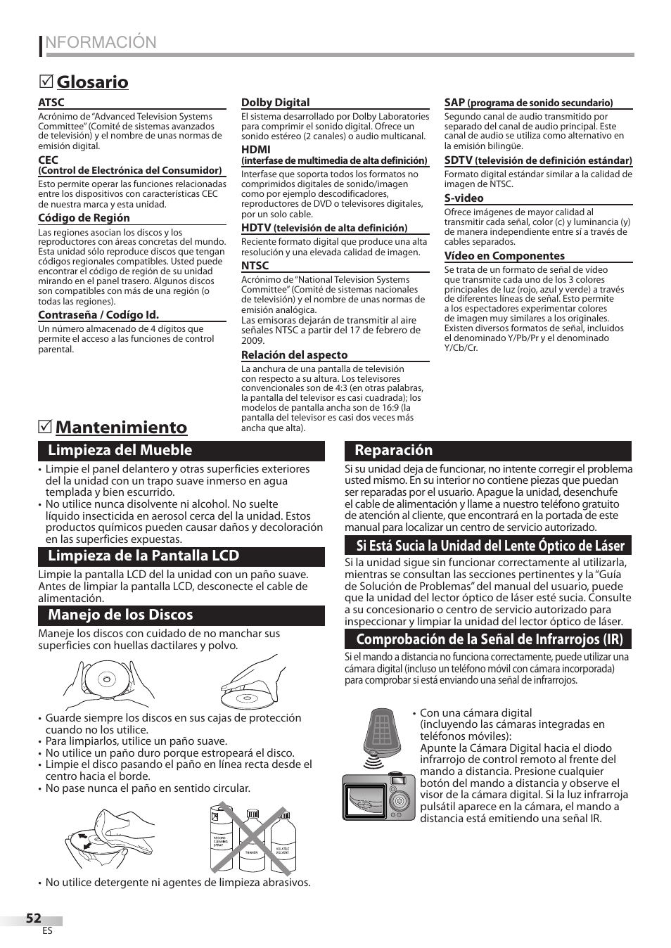 Nformación, Glosario 5 mantenimiento 5, Limpieza del mueble | Limpieza de la pantalla lcd, Manejo de los discos, Reparación, Si está sucia la unidad del lente óptico de láser, Comprobación de la señal de infrarrojos (ir) | FUNAI Emerson LD195EMX User Manual | Page 160 / 162