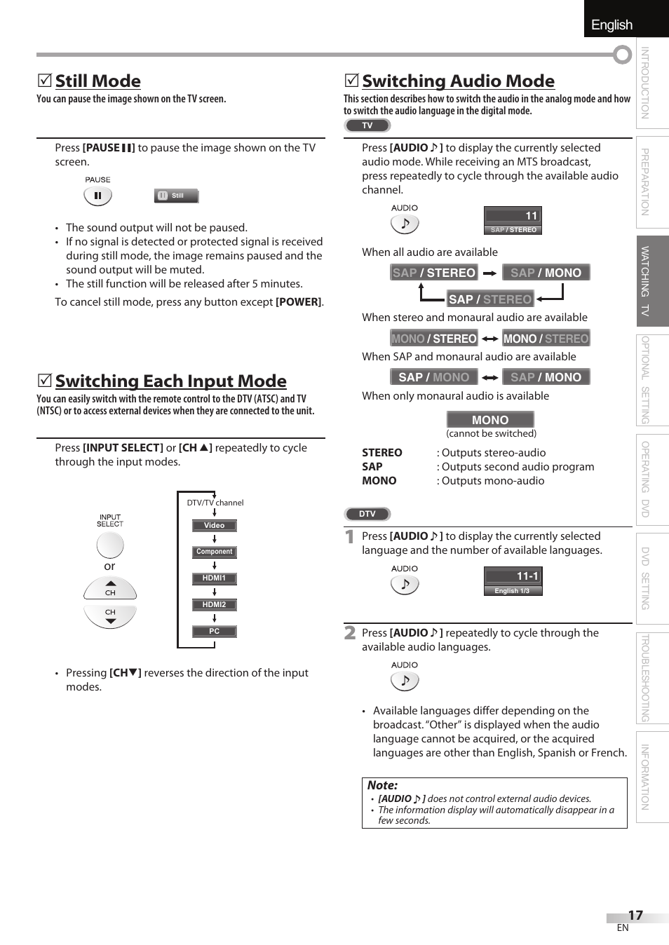 English español français, Still mode, Switching each input mode | Switching audio mode | FUNAI Emerson LD195EMX User Manual | Page 17 / 162