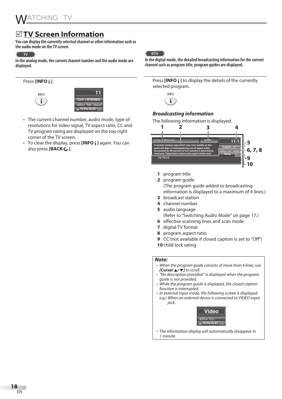 Atching tv, Tv screen information, Broadcasting information | Video | FUNAI Emerson LD195EMX User Manual | Page 18 / 162