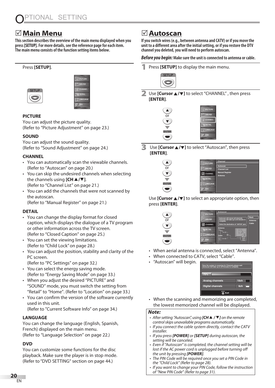 Ptional setting, Main menu, Autoscan | FUNAI Emerson LD195EMX User Manual | Page 20 / 162