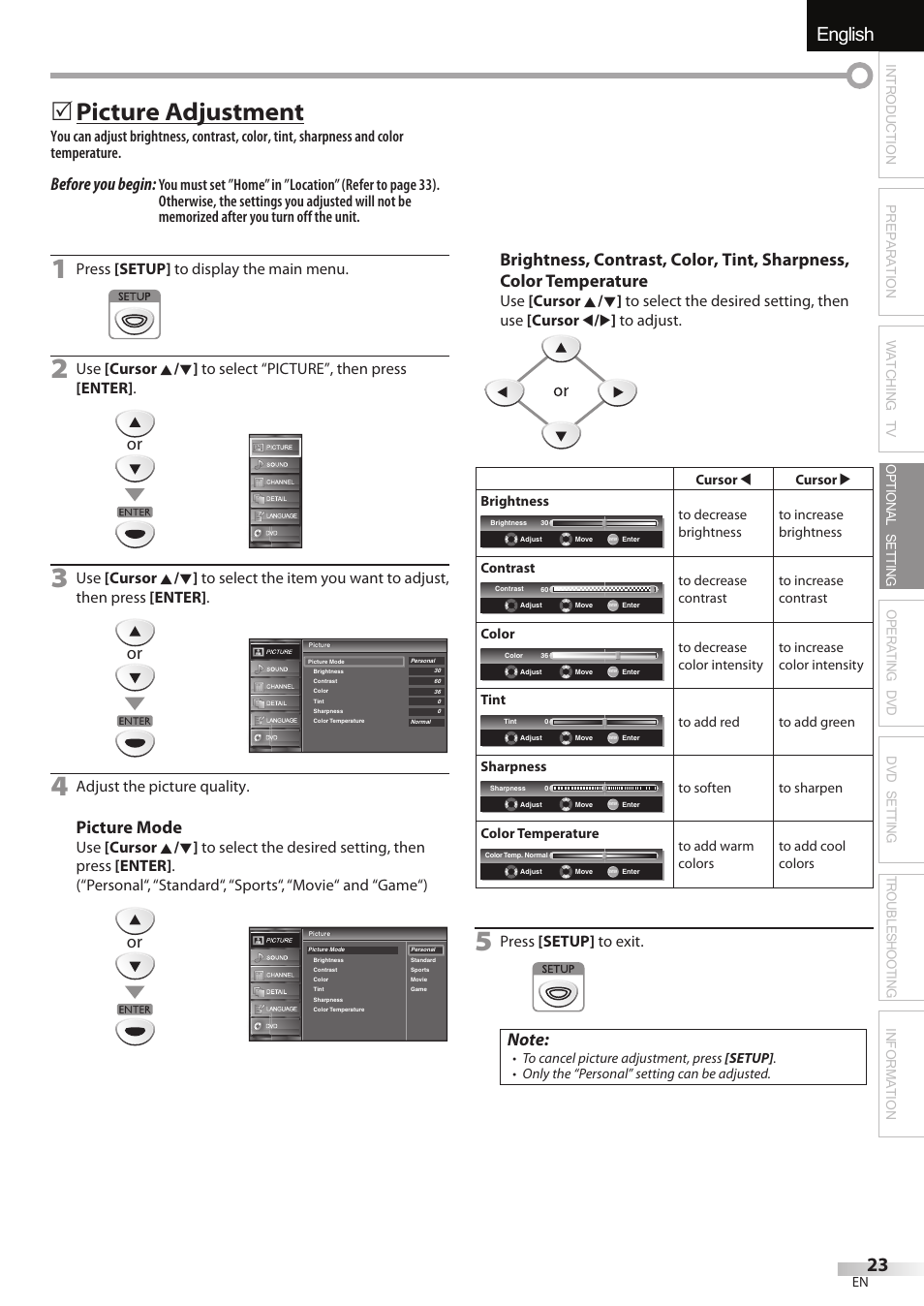 English español français, Picture adjustment, Before you begin | Picture mode, Press [setup] to display the main menu, Adjust the picture quality, Press [setup] to exit | FUNAI Emerson LD195EMX User Manual | Page 23 / 162