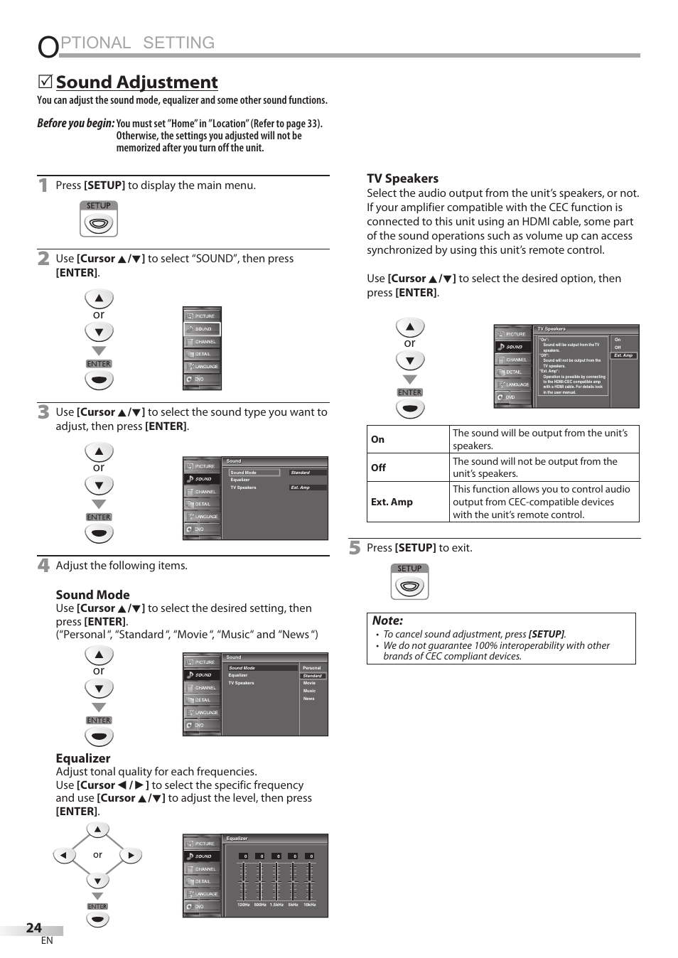 Ptional setting, Sound adjustment, Before you begin | Sound mode, Equalizer, Tv speakers | FUNAI Emerson LD195EMX User Manual | Page 24 / 162