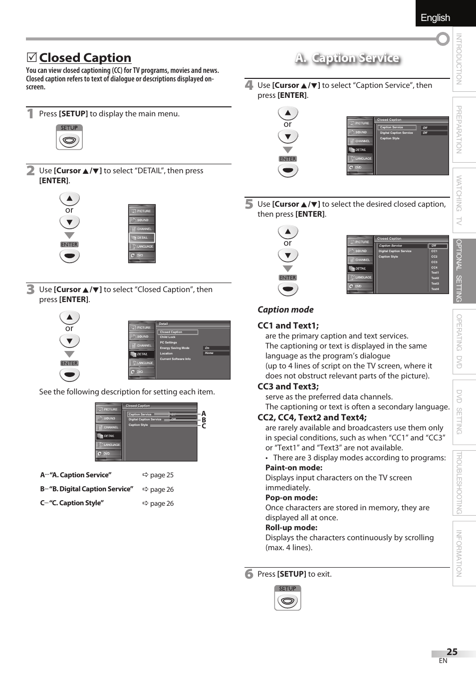 English español français, Closed caption, 5a. caption service a. caption service | Caption mode cc1 and text1, Cc3 and text3, Cc2, cc4, text2 and text4 | FUNAI Emerson LD195EMX User Manual | Page 25 / 162