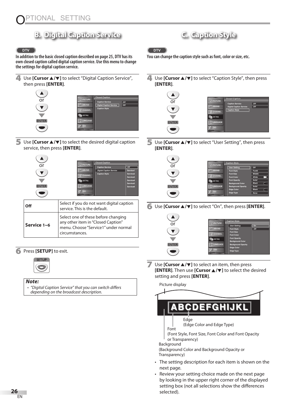 Ptional setting, B. digital caption service, C. caption style | FUNAI Emerson LD195EMX User Manual | Page 26 / 162