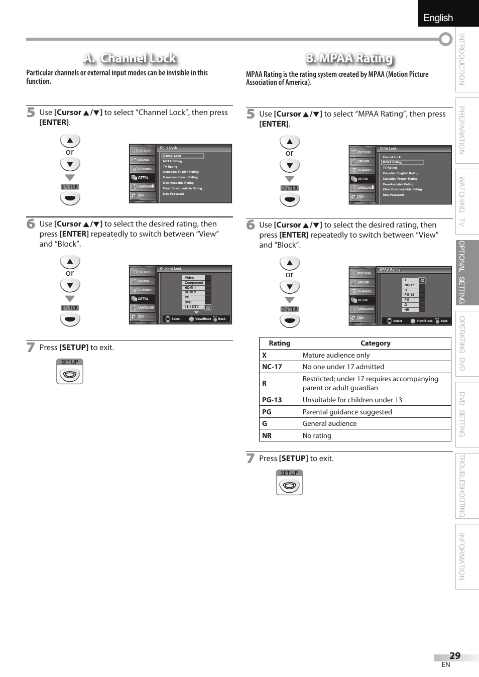 English español français, A. channel lock, B. mpaa rating | FUNAI Emerson LD195EMX User Manual | Page 29 / 162