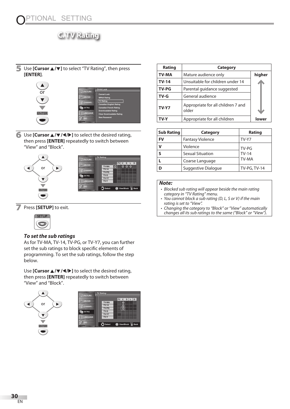 Ptional setting, C. tv rating, Press [setup] to exit | FUNAI Emerson LD195EMX User Manual | Page 30 / 162
