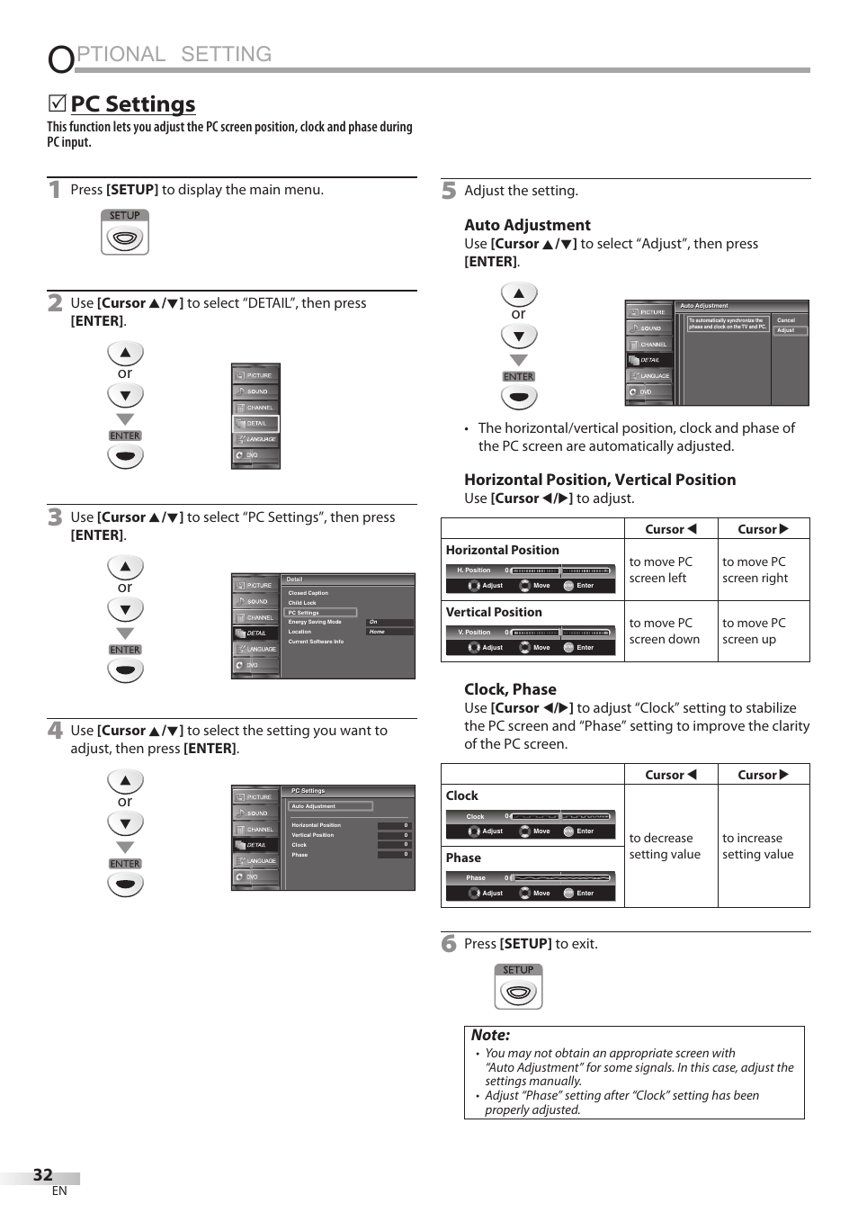 Ptional setting, Pc settings, Auto adjustment | Horizontal position, vertical position, Clock, phase | FUNAI Emerson LD195EMX User Manual | Page 32 / 162