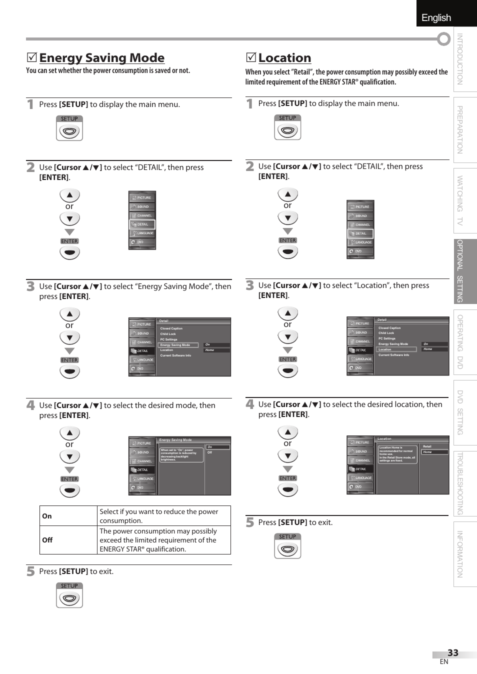 English español français, Energy saving mode, 5location | FUNAI Emerson LD195EMX User Manual | Page 33 / 162