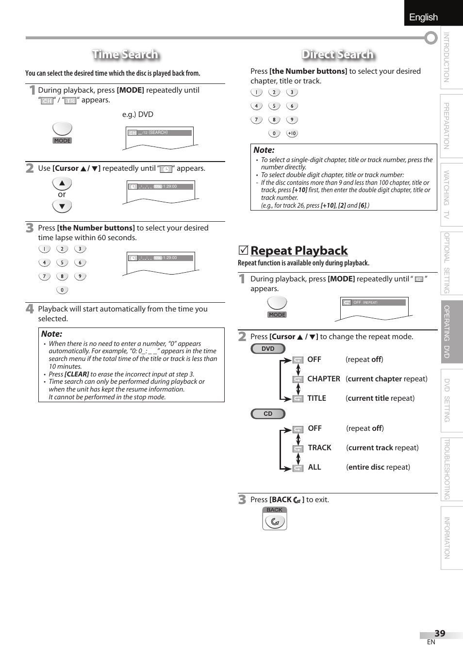 English español français, Time search, Direct search | Repeat playback | FUNAI Emerson LD195EMX User Manual | Page 39 / 162