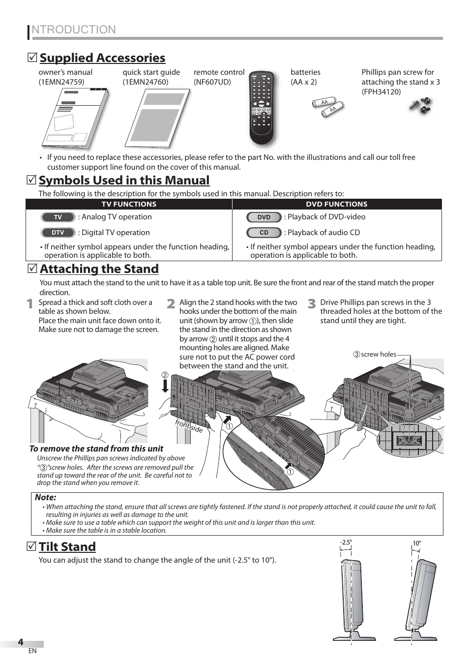 Ntroduction, Supplied accessories 5 attaching the stand, Tilt stand | Symbols used in this manual | FUNAI Emerson LD195EMX User Manual | Page 4 / 162