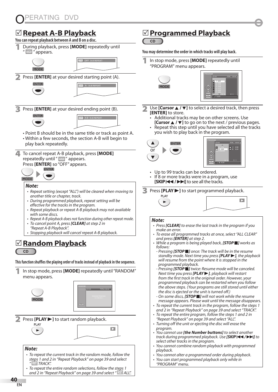 Perating dvd, Repeat a-b playback, Random playback | 5programmed playback | FUNAI Emerson LD195EMX User Manual | Page 40 / 162