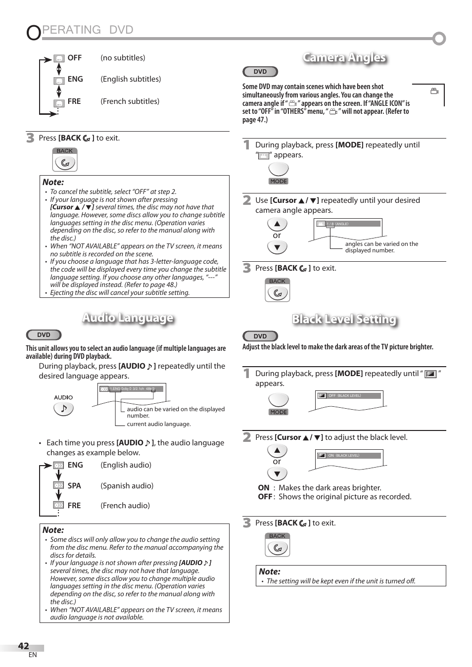 Perating dvd, Audio language, Camera angles | Black level setting | FUNAI Emerson LD195EMX User Manual | Page 42 / 162