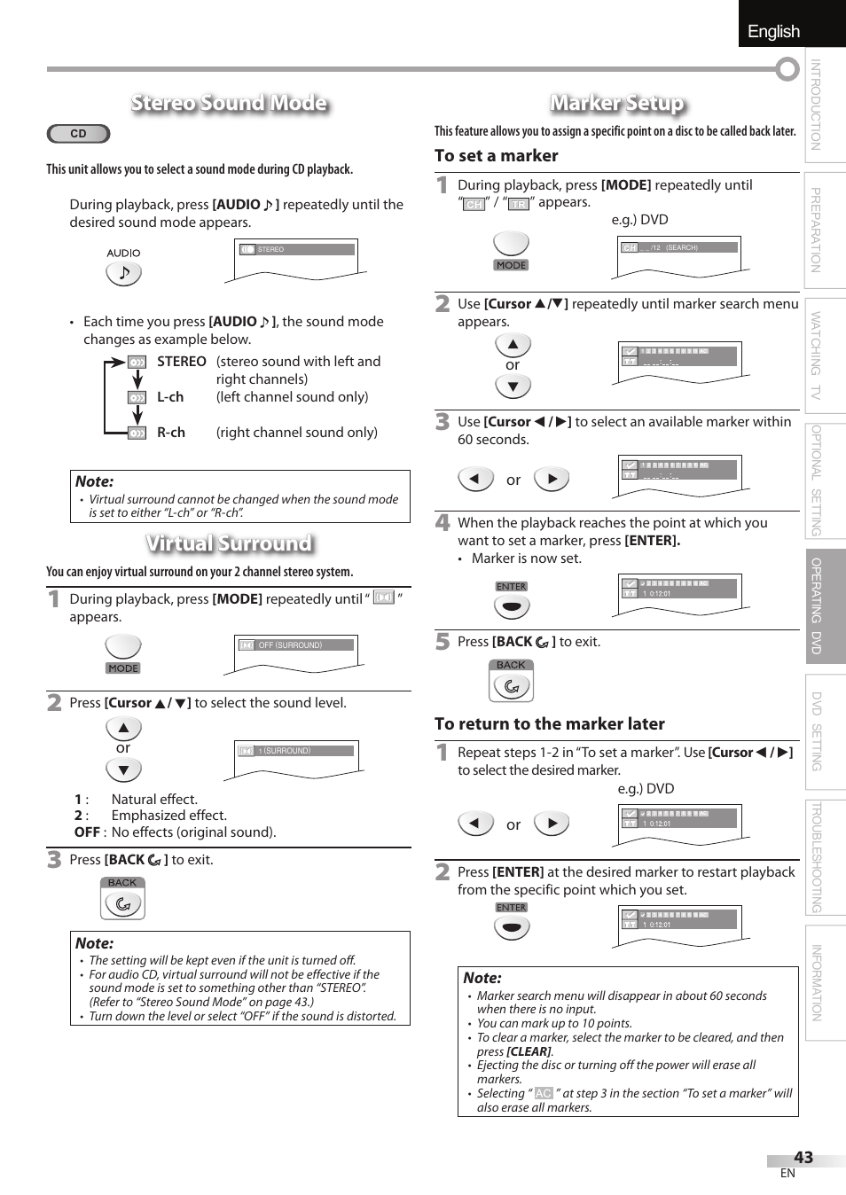 English español français, Stereo sound mode, Virtual surround | Marker setup | FUNAI Emerson LD195EMX User Manual | Page 43 / 162