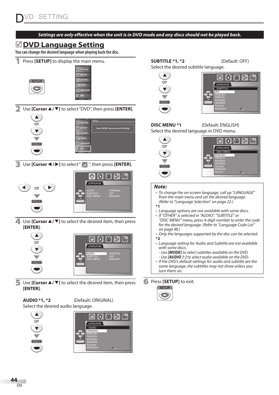 Vd setting, Dvd language setting | FUNAI Emerson LD195EMX User Manual | Page 44 / 162