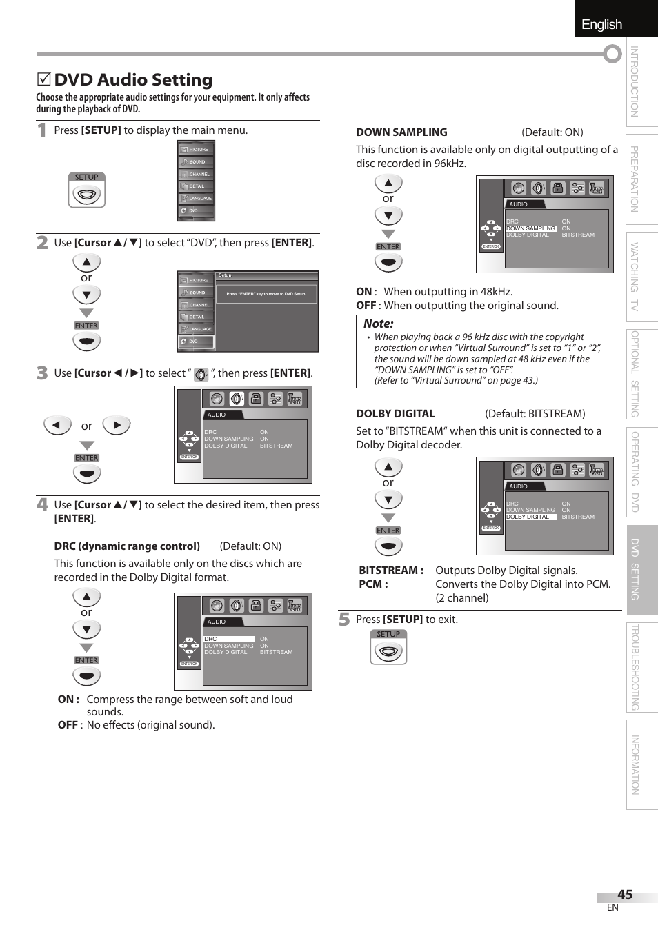 English español français, Dvd audio setting | FUNAI Emerson LD195EMX User Manual | Page 45 / 162