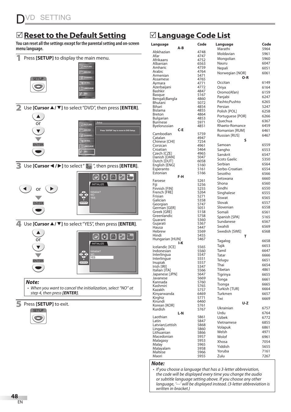 Vd setting, Language code list 5, Reset to the default setting 5 | FUNAI Emerson LD195EMX User Manual | Page 48 / 162