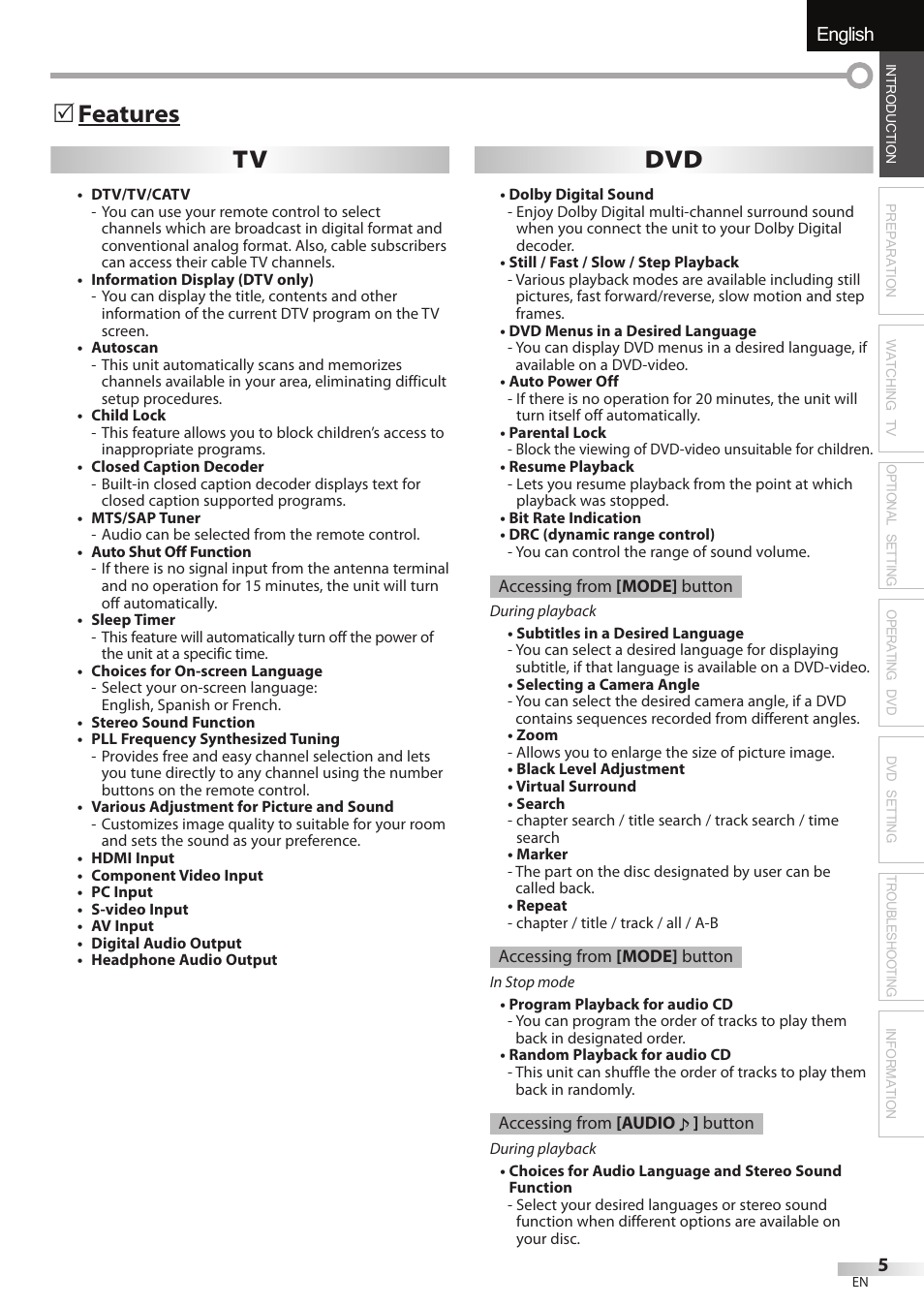 English español français, Features 5 tv dvd | FUNAI Emerson LD195EMX User Manual | Page 5 / 162