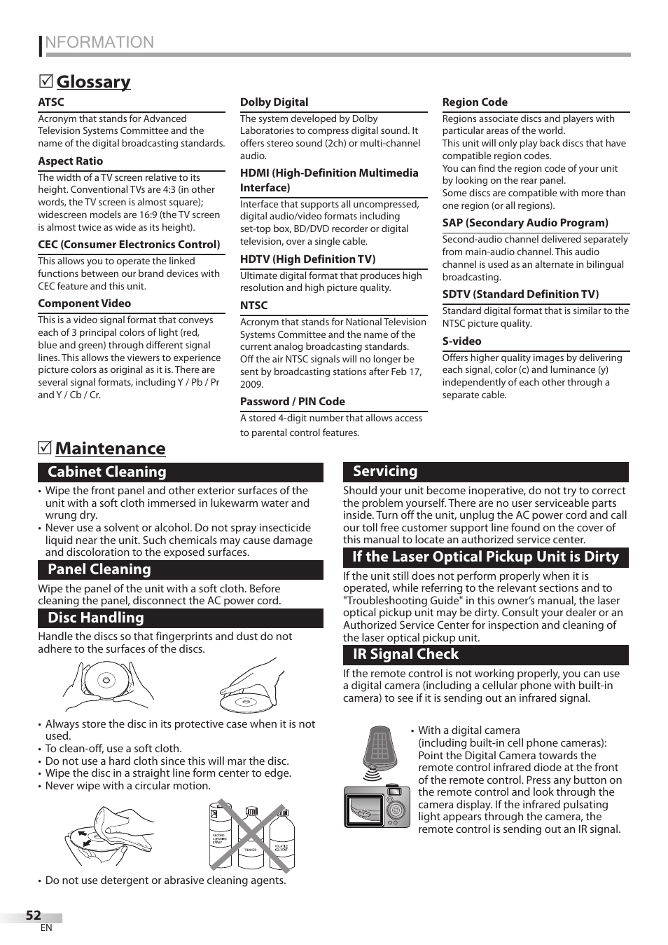 Nformation, Glossary 5 maintenance 5, Cabinet cleaning | Panel cleaning, Disc handling, Servicing, If the laser optical pickup unit is dirty, Ir signal check | FUNAI Emerson LD195EMX User Manual | Page 52 / 162