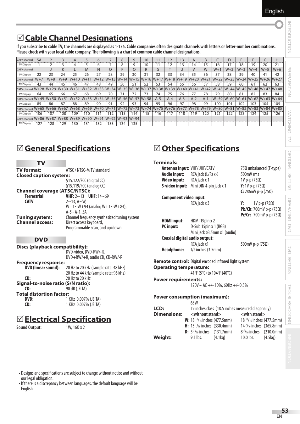 English español français, General specifications, Electrical specification | 5other specifications, Cable channel designations 5 | FUNAI Emerson LD195EMX User Manual | Page 53 / 162