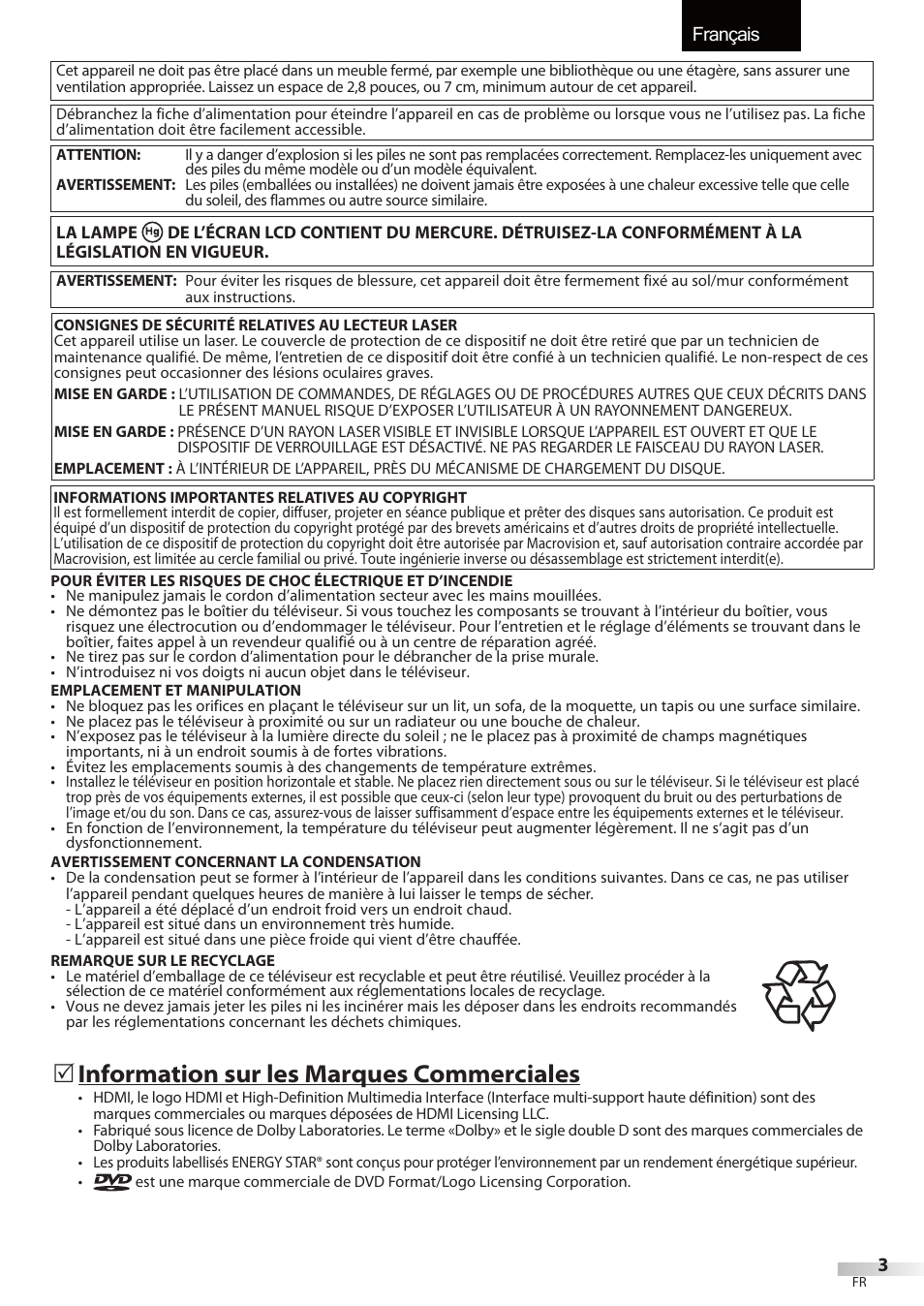 Français, Information sur les marques commerciales | FUNAI Emerson LD195EMX User Manual | Page 57 / 162