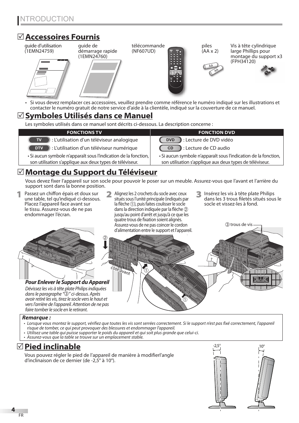 Ntroduction, Montage du support du téléviseur, 5accessoires fournis 5 | Symboles utilisés dans ce manuel, Pied inclinable | FUNAI Emerson LD195EMX User Manual | Page 58 / 162