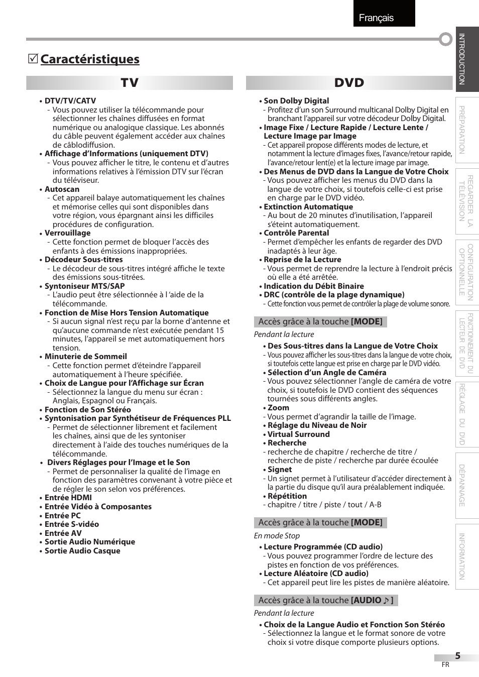 Français, Tv dvd, Caractéristiques 5 | FUNAI Emerson LD195EMX User Manual | Page 59 / 162