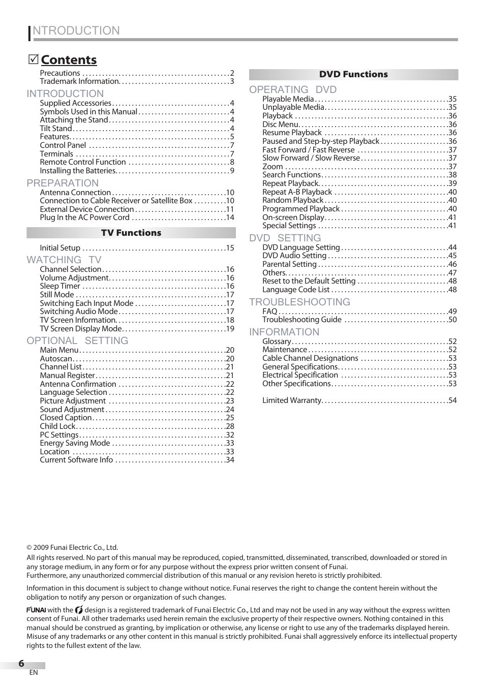 Ntroduction, Introduction, Preparation | Watching tv, Optional setting, Operating dvd, Dvd setting, Troubleshooting, Information | FUNAI Emerson LD195EMX User Manual | Page 6 / 162