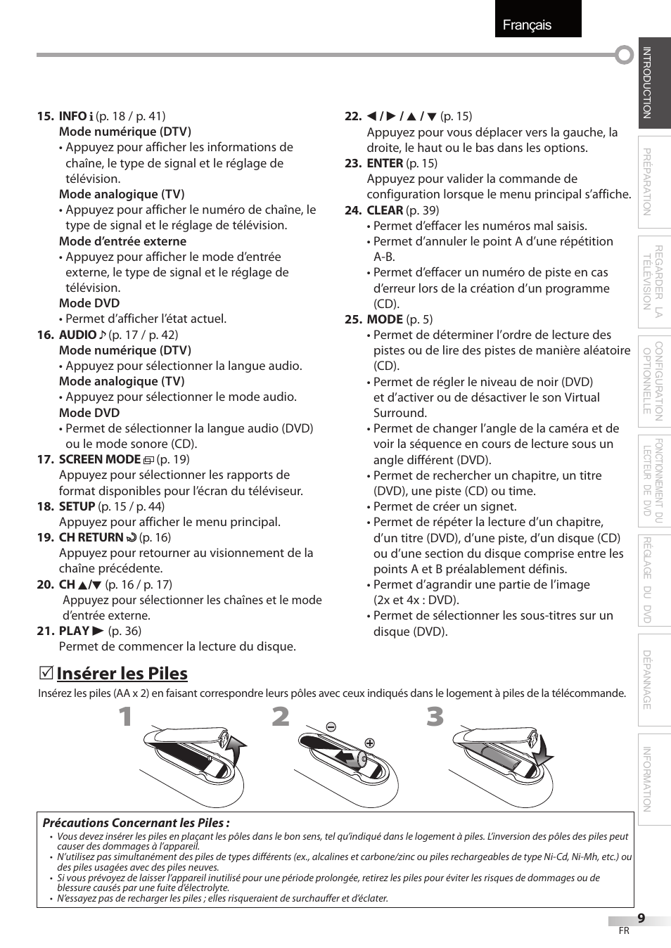 Français, Insérer les piles | FUNAI Emerson LD195EMX User Manual | Page 63 / 162