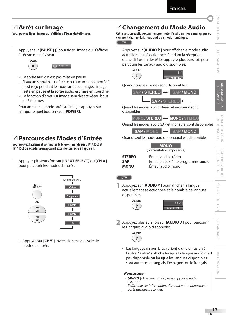 Français, Arrêt sur image, Parcours des modes d’entrée | Changement du mode audio | FUNAI Emerson LD195EMX User Manual | Page 71 / 162