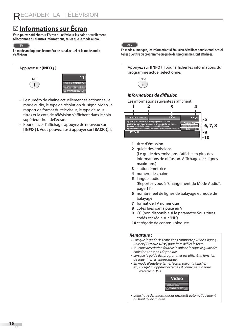 Egarder la télévision, Informations sur écran, Informations de diffusion | Remarque, Video | FUNAI Emerson LD195EMX User Manual | Page 72 / 162