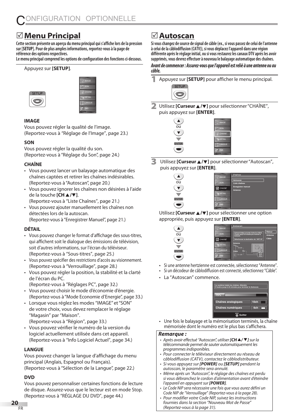 Onfiguration optionnelle, Menu principal, Autoscan | Remarque | FUNAI Emerson LD195EMX User Manual | Page 74 / 162