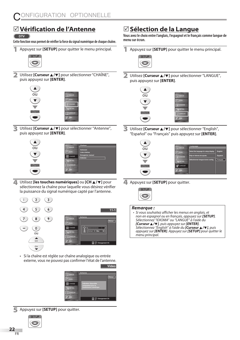 Onfiguration optionnelle, Vérification de l’antenne, Sélection de la langue | Remarque | FUNAI Emerson LD195EMX User Manual | Page 76 / 162