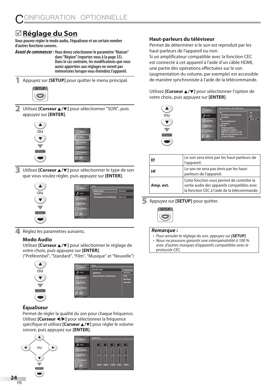 Onfiguration optionnelle, Réglage du son, Avant de commencer | Modo audio, Équaliseur, Haut-parleurs du téléviseur, Remarque, Appuyez sur [setup] pour quitter le menu principal, Réglez les paramètres suivants, Appuyez sur [setup] pour quitter | FUNAI Emerson LD195EMX User Manual | Page 78 / 162