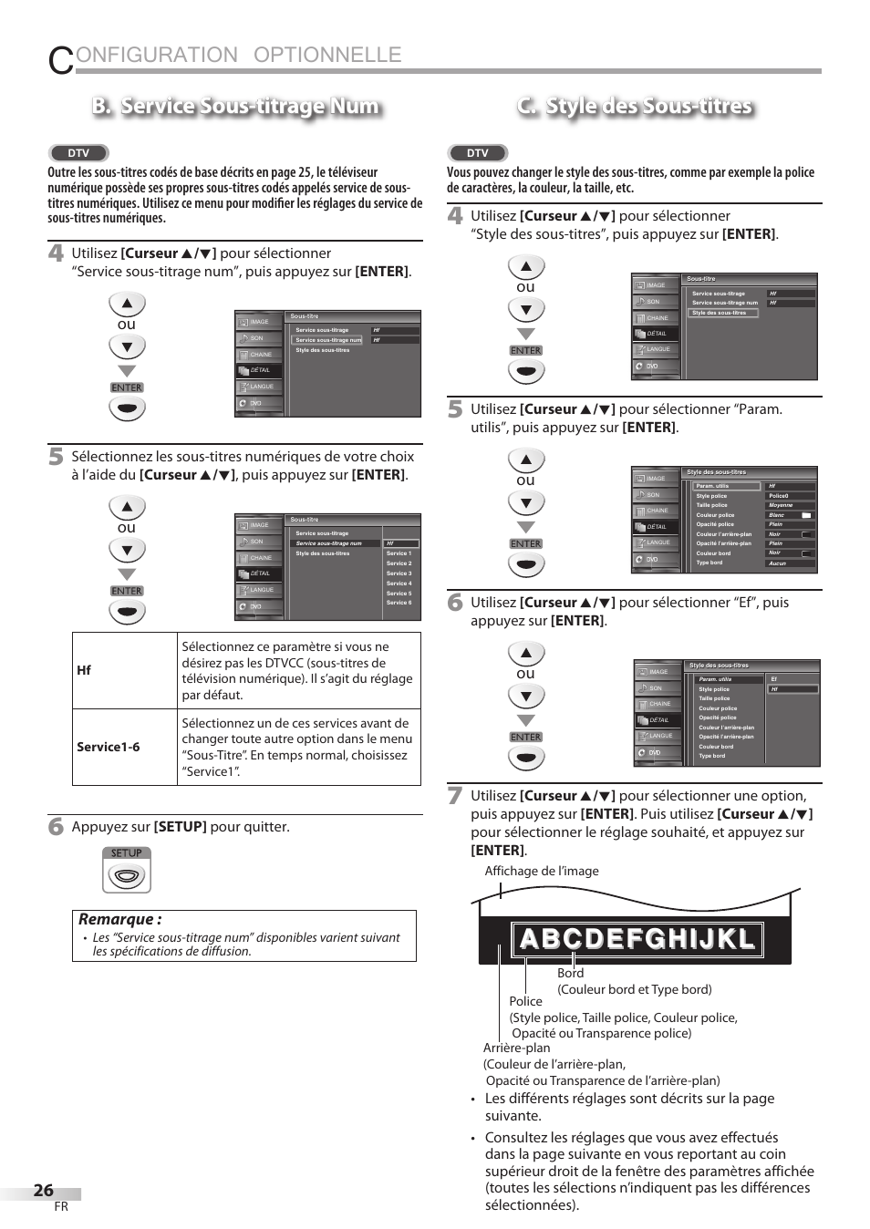 Onfiguration optionnelle, B. service sous-titrage num, C. style des sous-titres | Remarque, Appuyez sur [setup] pour quitter | FUNAI Emerson LD195EMX User Manual | Page 80 / 162