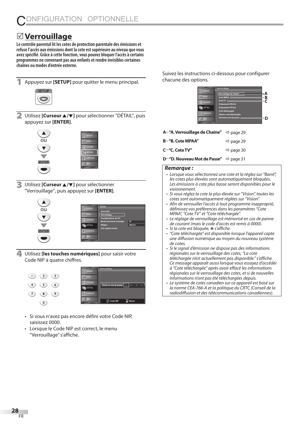 Onfiguration optionnelle, Verrouillage, Remarque | FUNAI Emerson LD195EMX User Manual | Page 82 / 162