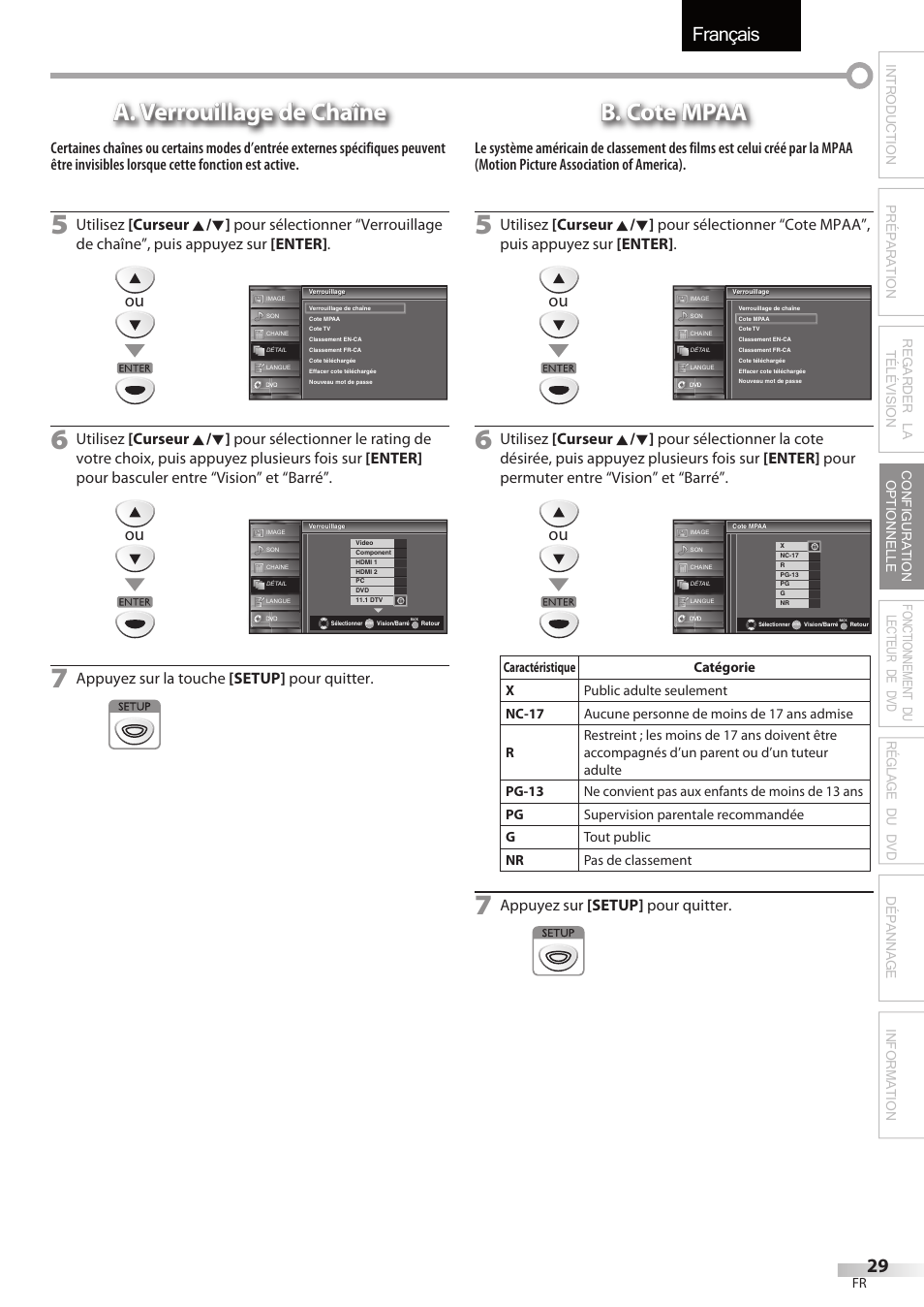 Français, A. verrouillage de chaîne, B. cote mpaa | Appuyez sur la touche [setup] pour quitter, Appuyez sur [setup] pour quitter | FUNAI Emerson LD195EMX User Manual | Page 83 / 162