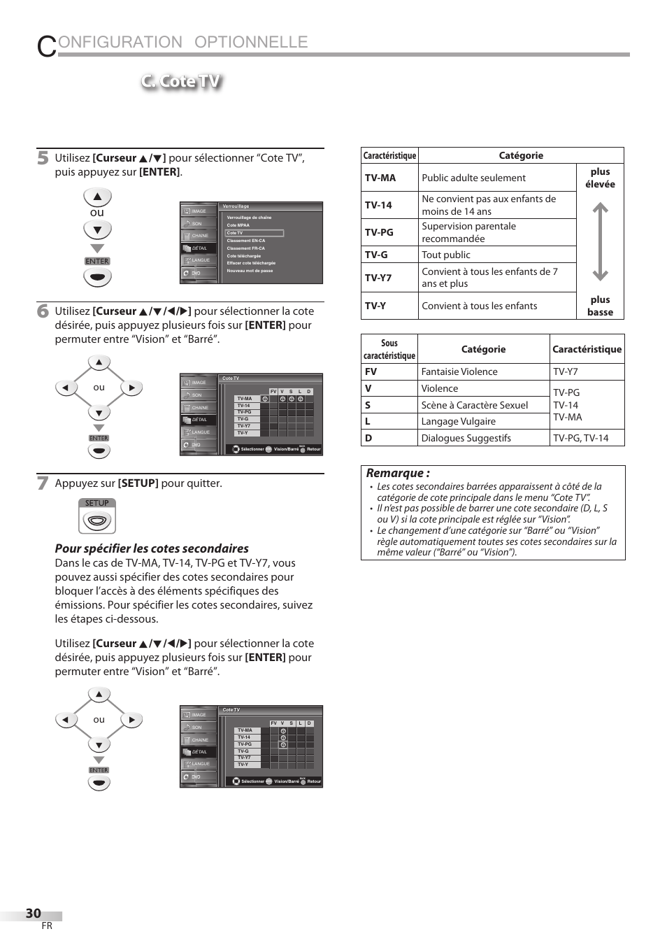 Onfiguration optionnelle, C. cote tv, Pour spécifier les cotes secondaires | Remarque, Appuyez sur [setup] pour quitter | FUNAI Emerson LD195EMX User Manual | Page 84 / 162