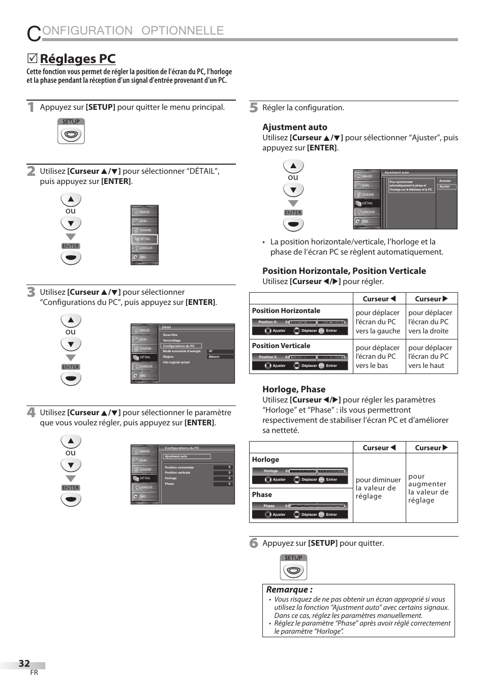 Onfiguration optionnelle, Réglages pc, Ajustment auto | Position horizontale, position verticale, Horloge, phase, Remarque, Appuyez sur [setup] pour quitter le menu principal, Régler la configuration, Utilisez [curseur s / b ] pour régler, Appuyez sur [setup] pour quitter | FUNAI Emerson LD195EMX User Manual | Page 86 / 162