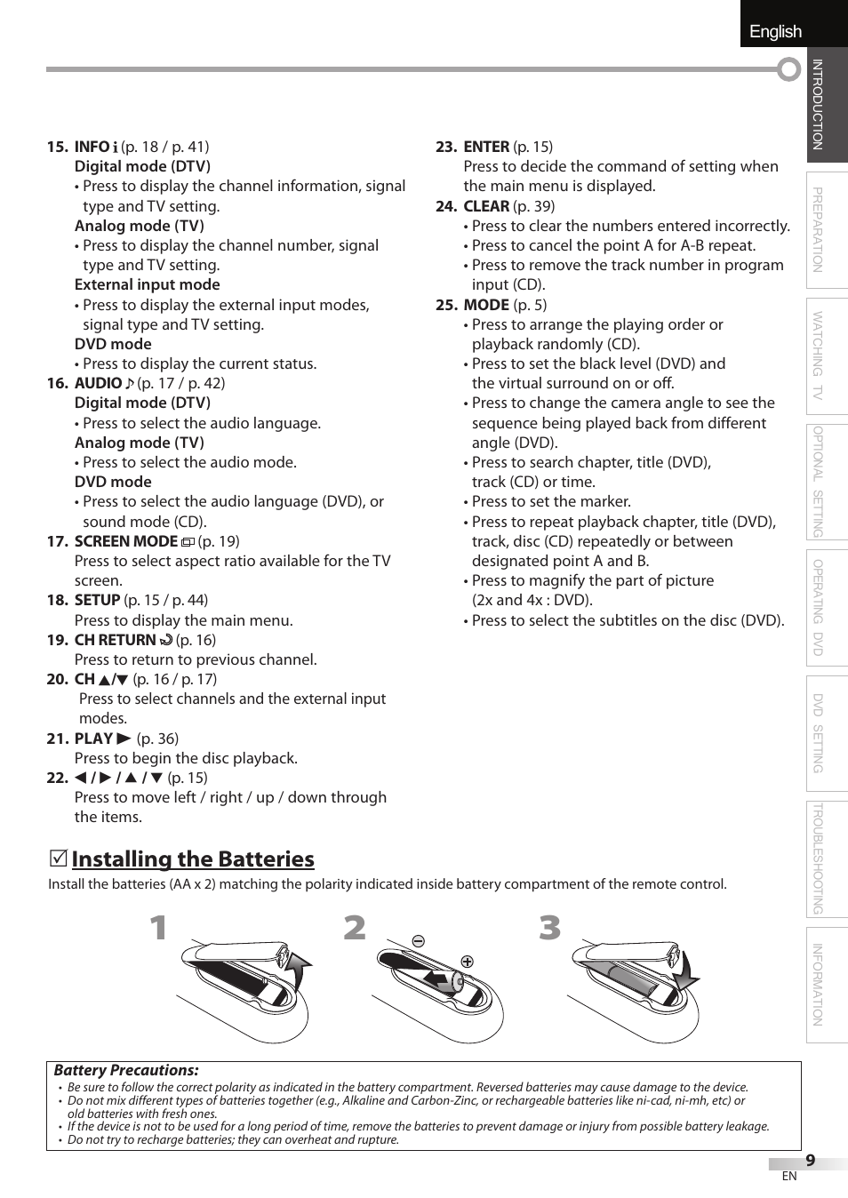 English español français, Installing the batteries | FUNAI Emerson LD195EMX User Manual | Page 9 / 162