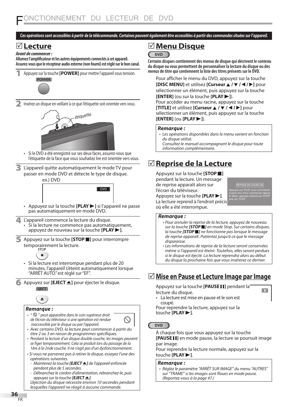 Onctionnement du lecteur de dvd, Lecture, Menu disque | Reprise de la lecture, Mise en pause et lecture image par image | FUNAI Emerson LD195EMX User Manual | Page 90 / 162