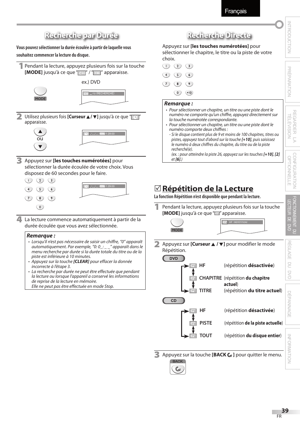 Français, Recherche par durée, Recherche directe | Répétition de la lecture | FUNAI Emerson LD195EMX User Manual | Page 93 / 162