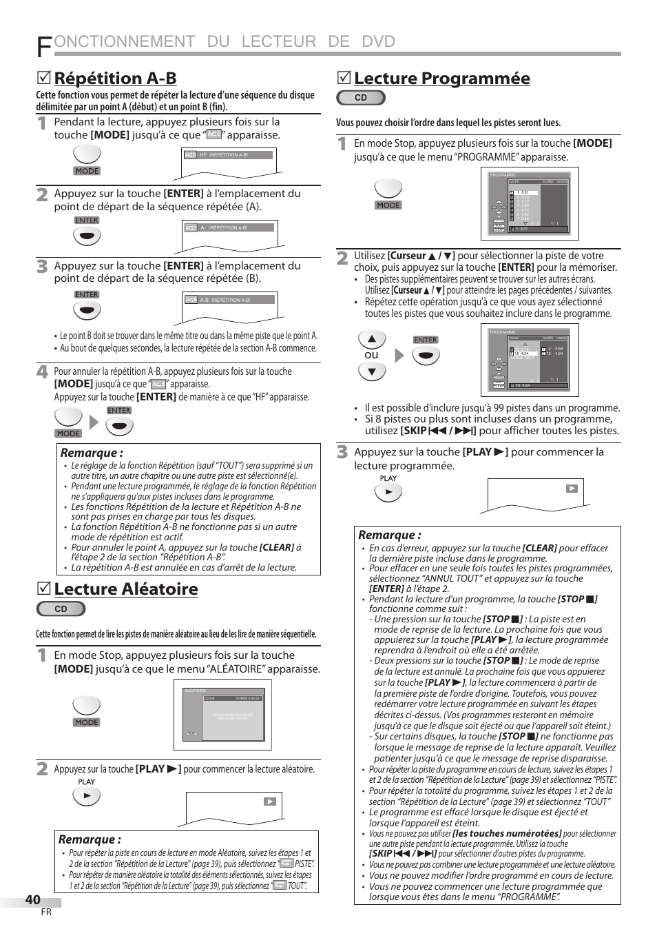 Onctionnement du lecteur de dvd, Répétition a-b, Lecture aléatoire | 5lecture programmée, Remarque | FUNAI Emerson LD195EMX User Manual | Page 94 / 162