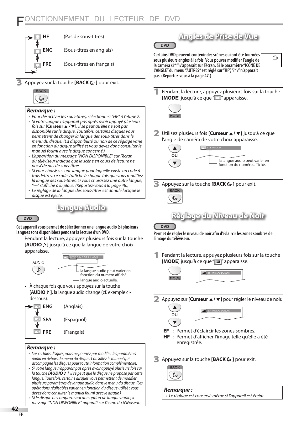 Onctionnement du lecteur de dvd, Langue audio, Angles de prise de vue | Réglage du niveau de noir | FUNAI Emerson LD195EMX User Manual | Page 96 / 162