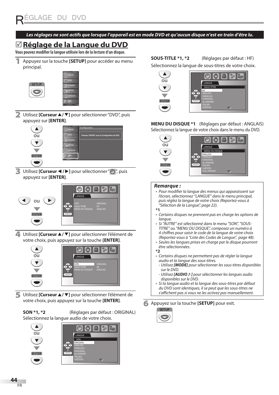 Églage du dvd, Réglage de la langue du dvd, Remarque | FUNAI Emerson LD195EMX User Manual | Page 98 / 162