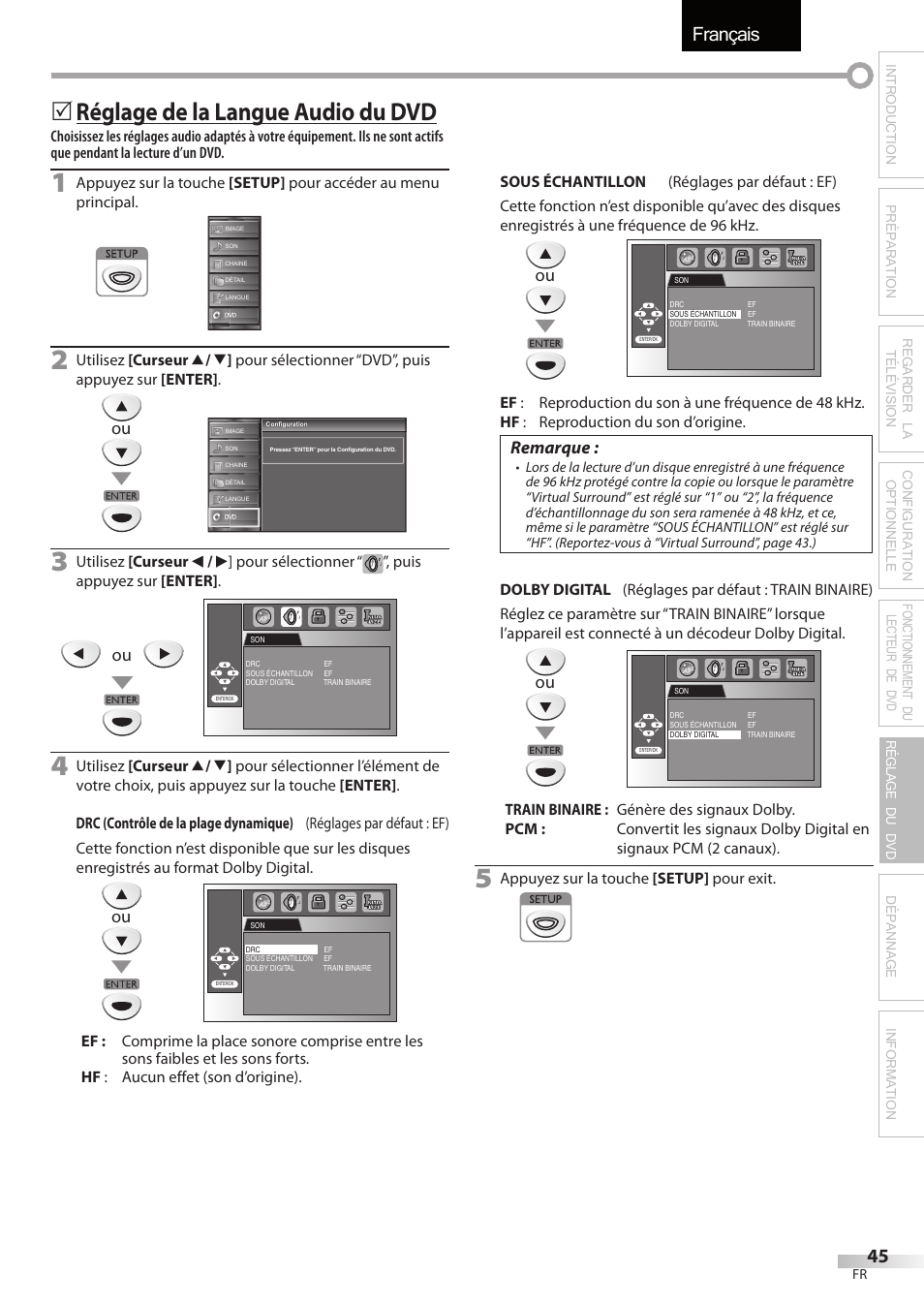 Français, Réglage de la langue audio du dvd, Remarque | FUNAI Emerson LD195EMX User Manual | Page 99 / 162