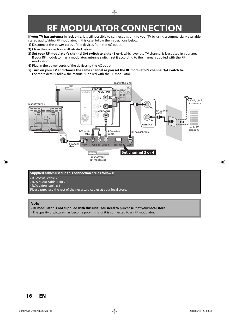 Rf modulator connection, 16 en 16 en, Set channel 3 or 4 | FUNAI ZV457MG9 User Manual | Page 18 / 110