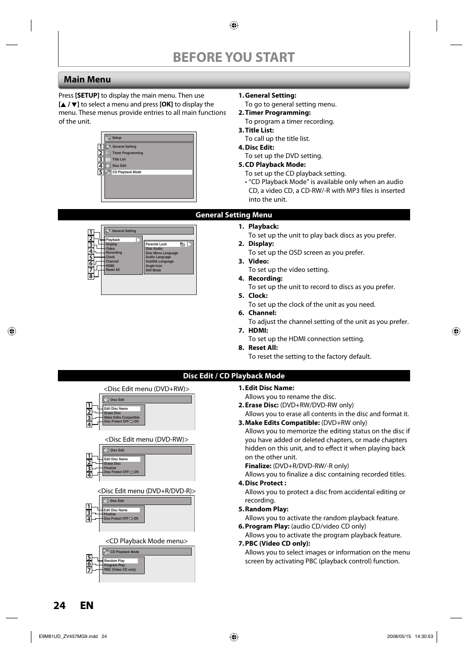 Before you start, 24 en 24 en, Main menu | Disc edit / cd playback mode, General setting menu | FUNAI ZV457MG9 User Manual | Page 26 / 110