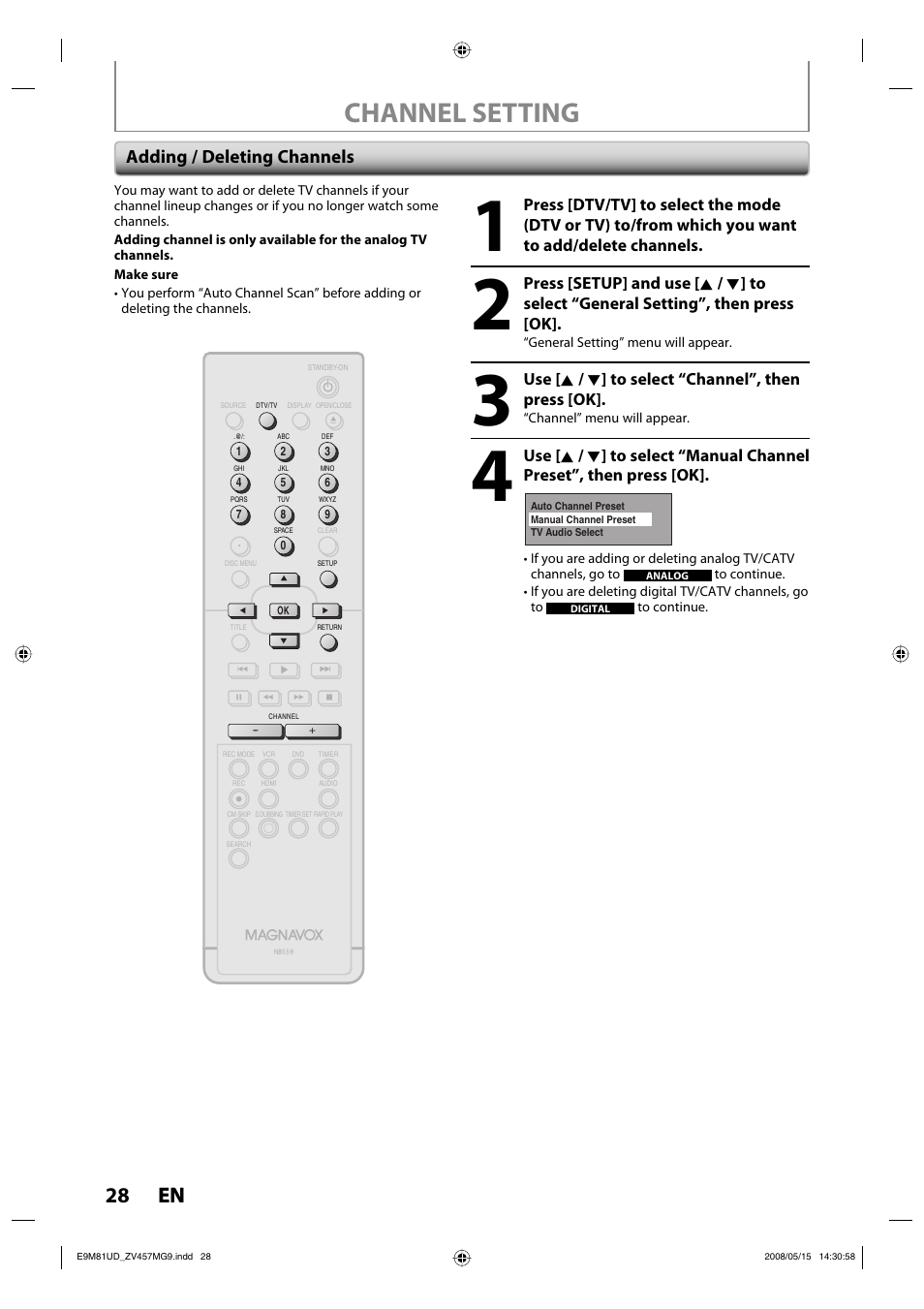 Channel setting, 28 en 28 en, Adding / deleting channels | Use [ k / l ] to select “channel”, then press [ok | FUNAI ZV457MG9 User Manual | Page 30 / 110