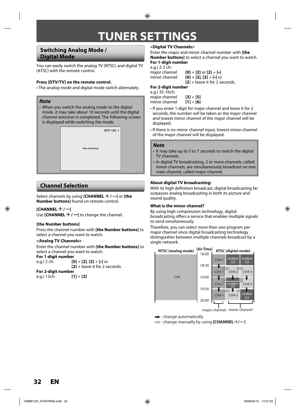 Tuner settings, 32 en 32 en, Switching analog mode / digital mode | Channel selection | FUNAI ZV457MG9 User Manual | Page 34 / 110